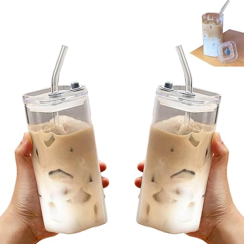 2Pcs Square Glass Cup with Lids and Straws, Portable Drinking