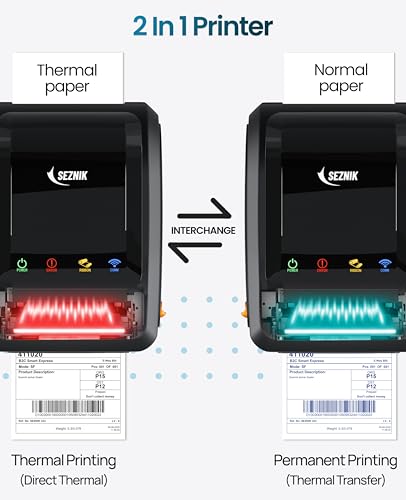 Image of SEZNIK Rudra Thermal Label Printer | Direct Thermal + Transfer | E-Commerce 304 DPI HD Print | USB, Bluetooth, WiFi | Shipping, Jewellery, Excel Print, MRP, Barcode | 1 Year Warranty | No SellerFlex