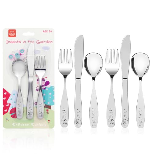 Lehoo Castle Kids Cutlery Set, 6 Pcs Insects Childrens Cutlery Set Stainless Steel - 2 x Forks, 2 x Spoons, 2 x Knives, Kids Knife and Fork Sets (Insects x 6)