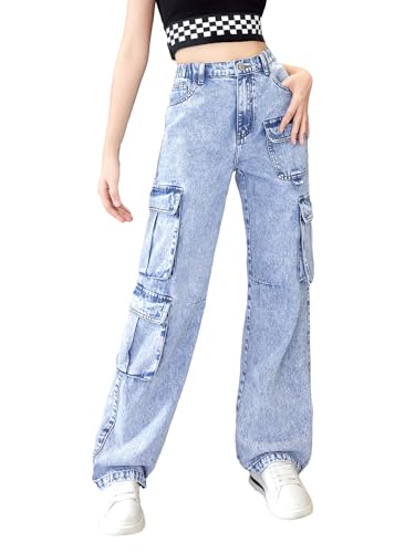 WDIRARA Girl's Flap Pocket High Waist Cargo Jeans Elastic Band Straight Leg Long Denim Pants