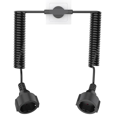 2M Verlängerungskabel mit 2 Schuko Steckdosen, Spiralkabel Spiralverlängerung bis 2M Max, Doppel-Verlängerungskabel Spiralleitung mit Schutzkontakt 2-Fach Steckdosen(16A/250V), Schwarz