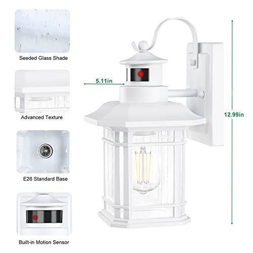 2 Pack Motion Sensor Led Outdoor Wall Lights, Dusk To Dawn Exterior Wall Lanterns, Matte White Front Porch Lights, Waterproof Wall Mount Light, Anti Rust Wall Lantern With Seed Glass E26 Base #TOP5