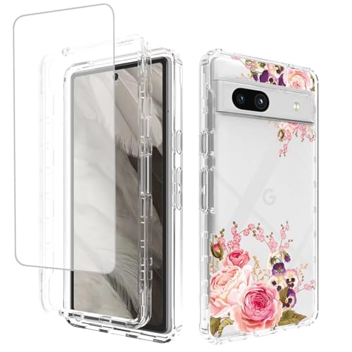 Coque pour Pixel 7A antichoc avec protection d'écran en verre trempé floral