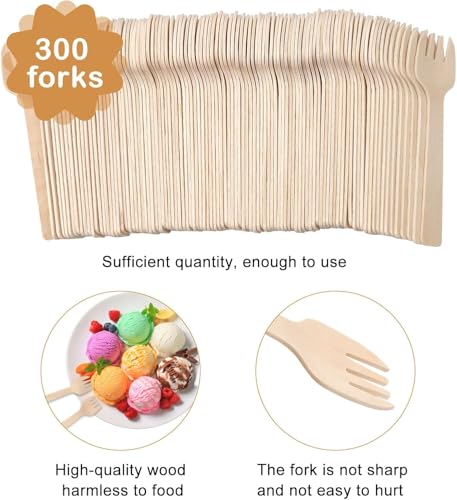 300 Stk Holzgabeln Disposable Cutlery Einweggabeln Kuchengabeln Holz Einmalbesteck Holzbesteck Löffel Gabeln Einmal Einwegbesteck Klein Holzlöffel Party Besteck für Camping Picknick 4 Inches