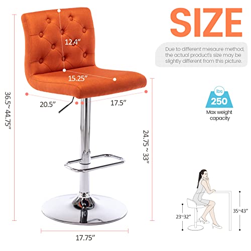Brage Living Tufted Fabric Bar Stool, Adjustable Swivel Counter Height Barstool With Back, Upholstered Armless Airlift Bar Chair For Kitchen Dining Cafe (Orange) #TOP2