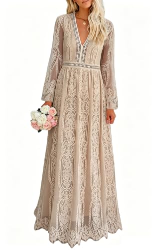 Image of Cercis Womens Off The Shoulder Floral Lace Maxi Wedding Dress Boho Flowy Wedding Guest Formal Long Dresses