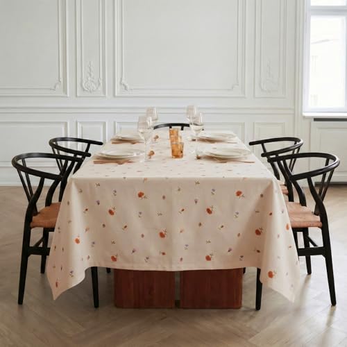 Image of Embroidered Cotton Tablecloth, Beige Oasis, 60 x 60 in | Premium heavyweight chambray cotton, all-over embroidery, 4-seater square, machine washable, elegant dining and hosting