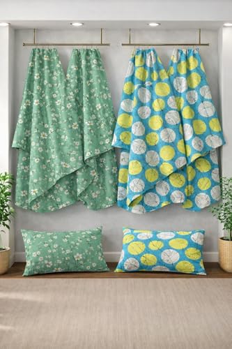 Image of BSB HOME 2 Bedsheet Combo Set with 4 Pillow Covers - Premium Cotton Glace Cotton Microfiber Printed Double Bedsheets, 2 Elegant Colors, Soft Breathable Luxury Bedding Set - Light Green White