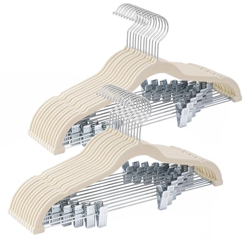 Ulimart 24-Pack Beige Velvet Hangers with Clips Adjustable,Adult Hangers,Heavy-Duty,Felt,Non-Slip,Space Saving,Slim Outfit Hanger for Pants, Skirts, Suits,Coats, Dresses ect.