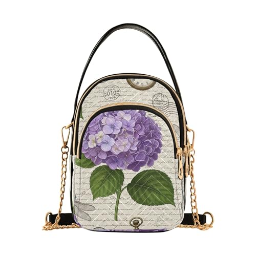 Purple Hydrangea Flower Leaves Single Shoulder Purse Women Quilted Phone Purse Chain Strap Handbag Cute Zipper Lady Crossbody Bag