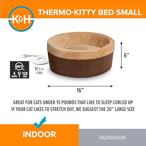 K&H Pet Products Thermo-Kitty Bed Heated Cat Beds for Indoor Cats & Dogs, Calming Warming Pillow Pet Bed, Machine Washable, Removable Heater, Safety Listed - Small 16