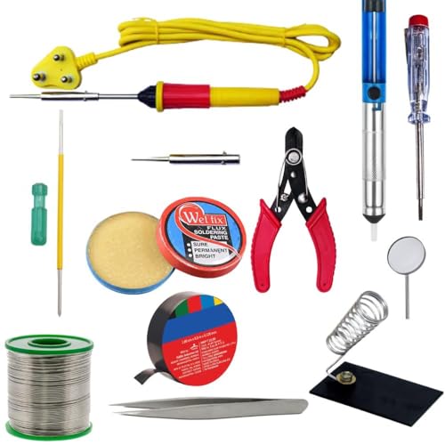 Image of 25W Soldering Iron Kit with Accessories - Solder Wire, Stand, Flux, Tweezer, Pump, Tester, Bit, Magnifying Glass, Tape, Screw Drive