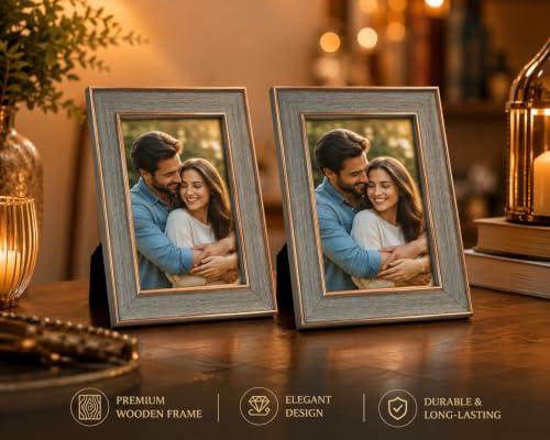 Image of 4x6 Inch Photo Frame Set of 2 - Acrylic Front Table Top Photo Frames with Stand, Dual Orientation Portrait & Landscape Display for Home Office Decor (grey wood)