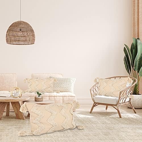 Grevosea Boho Cushion Covers with Tassels, Tufted Throw Pillow Covers Beige Woven Square Pillow Cases with Invisible Zipper for Sofa Bed Farmhouse Living Room Decorations 30 x 50 cm/12 x 20 Inch
