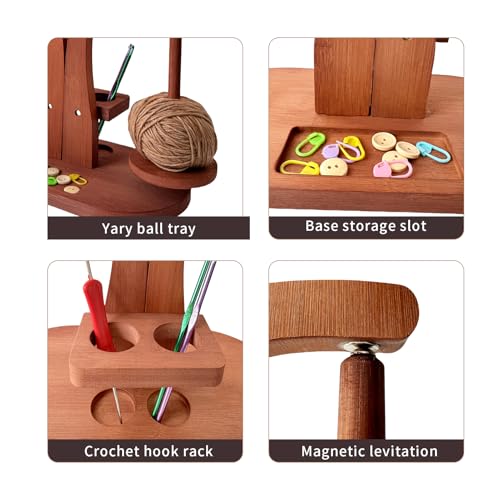 Image of Magnetic Wooden Yarn Holder for Crocheting & Knitting - Smooth Rotating Yarn Spinner with Double Spindles, Tangle-Free Thread Dispenser, Ideal Gift for Knitters & Weavers (Brown)