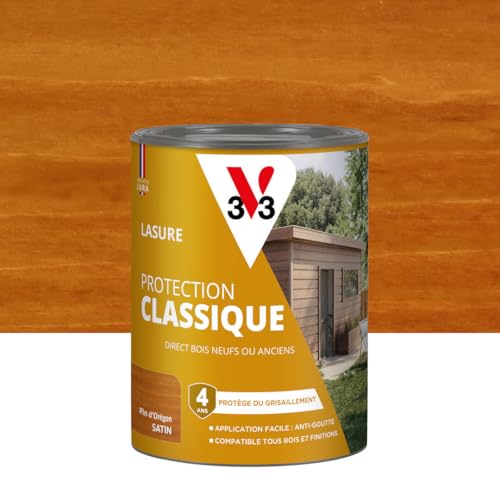 V33 Lasure Bois extérieur Pin d'Orégon - Protection Classique 4 ans - Protège du grisaillement - Direct bois neufs ou anciens - Texture anti-goutte - 0,75L