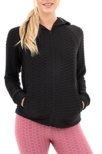 M17 Womens Ladies Solid Full Zip Textured Honeycomb Stretchy Sportswear Gym Running Yoga Jacket (XL, Black)
