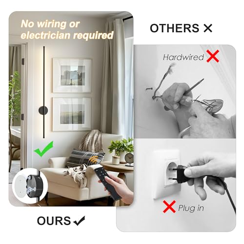 Image of Battery Operated Modern Wall Sconces Set of Two,Rechargeable Wireless Wall Lights with Remote Control,Dimmable,3CCT,Timer,360Rotation,Cordless Lighting for Bedroom,Living Room,Hallway,Black,39.3 Inch