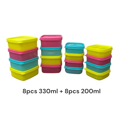 Image of C.S.M CSM Food Storage Containers, Square, Set of 16 (330ml x 8, 200ml x 8), Air Tight, BPA Free, Stackable, Multicolour