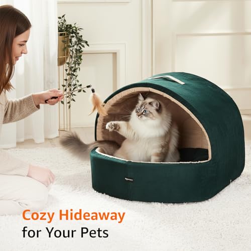 Image of Amazon Basics Pet Bed Cave | Soft & Warm Indoor Tent Bed for Cats, Kittens & Small /Medium Dogs (Pug, Beagle, Shih Tzu) | Foldable with Removable Cushion | Emerald Green & Beige | 59 x 56 x 48 cm
