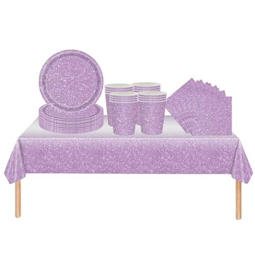 53Pcs Purple Party Tableware Decorations for Boys Girls Party Decor,Soild Shinny Golden Birthday Party Table Cloth, Paper Plates 7inch Cups Napkins for Kids Birthday Party Favor