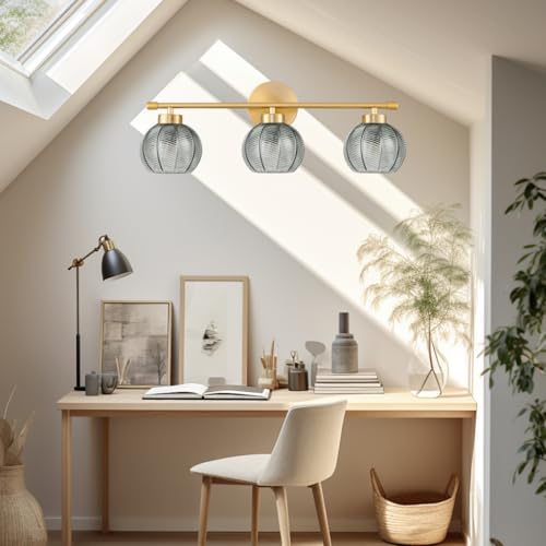 Image of Modern 3 Lights Wall Sconce Lighting, Vintage Bathroom Light Fixtures Gold Vanity Light, Farmhouse Green Glass Wall Lamp, Porch Wall Mount Light for Mirror Living Room Bedroom