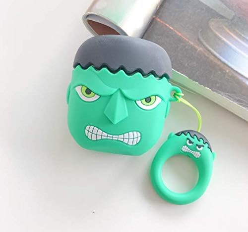 Ultra Thick Soft Silicone Case with Strap for Apple Airpods 1 2 Wireless Earbuds Marvel Super Hero 3D Cartoon Fun Cool Lovely Men Guys Boyfriend (Hulk)