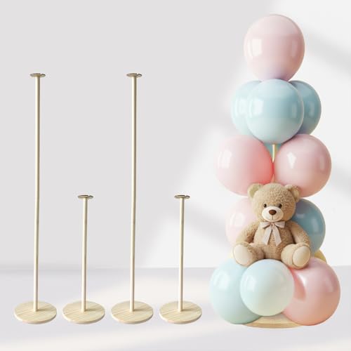4 Sets Balloon Stands for Table, Wooden Balloon Stand with Base for Party