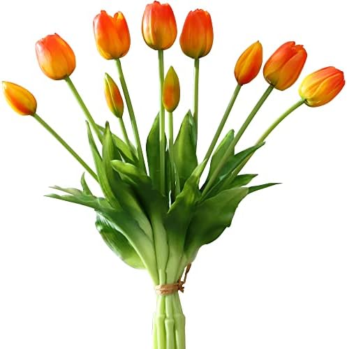 DAYHAP Artificial Flowers 10pcs Fake Tulips Real Touch, Faux Latex Tulips Flowers with Gift Box Soft Faux Tulips Bouquets Arrangements for Party Wedding Home Room Decoration(Orange)