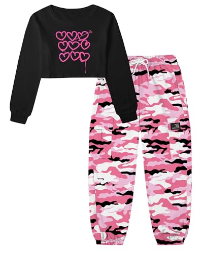 Betusline Girls 2 Piece Outfit Set, Long Sleeve Crop Top & Cargo Jogger Pants Trendy Casual Clothes, Girl Clothes Set，4T-14Y