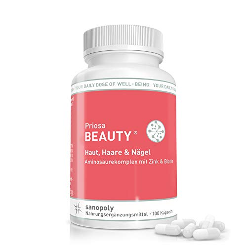 SANOPOLY Priosa® BEAUTY 100 Kapseln I Nährstoff-Mix für Haut, Haare, Nägel, Knochen & Gewebe I Biotin, Q10, Zink, Kieselerde, Aminosäuren & Vitamine, alles was die Haut braucht I Geprüfte Qualität, Vegan Cover