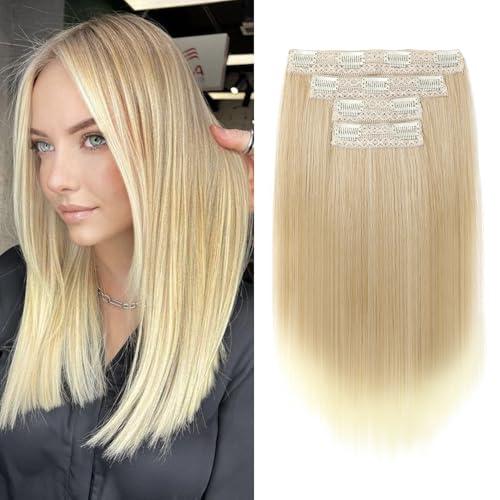 NTYNTY Hair Extensions, 14" Short Clip in Hair Extensions 4PCS Straight Natural Soft Synthetic Hairpiece for Women - Dark Blonde with Light Ends