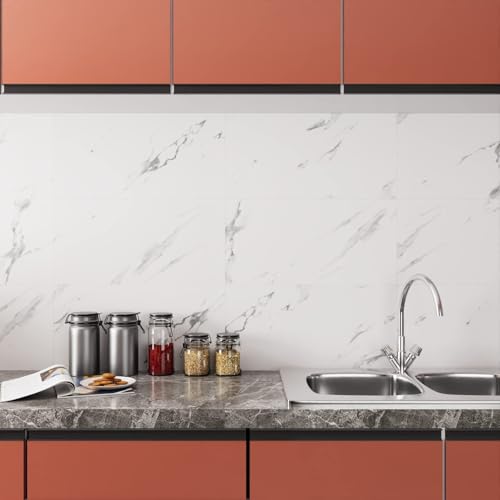 Stickyart Carrara Marble Floor Tile Vinyl Flooring Tiles Peel and Stick Floor Bathroom Waterproof 12\"x24\" White Marble Vinyl Flooring Tile for Bedroom Kitchen RV Self Adhesive Stick on Wall Tiles 4pcs