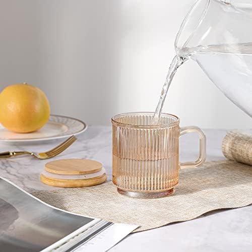 Joeyan 340ml Glass Coffee Cup with Lid - Set of 2 Coloured Glass Coffee Mugs - Ribbed Coffee Glasses with Handle for Latte, Cappuccino, Tea, Milk, Juice