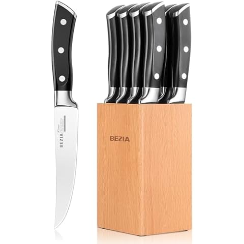 BEZIA Steak Knives Set with Block, Non Serrated Steak Knife Set of 8, 5 inch Razor Sharp German Steel Steak Knives Set - Full Tang Handle Cover