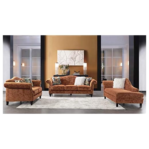 Acanva Collection Mid-Century Vintage Velvet Camelback Living Room Sofa, 3 Piece Set, Tangerine