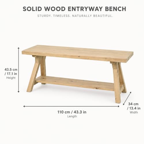 Image of Solid Wood Entryway Bench 43'' Farmhouse with Bottom Storage Shelf