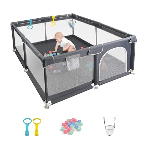 Baby Playpen for Babies and Toddlers, Durable Play Pen with Visible Breathable Mesh, Foam Protection, Easy to Assemble Infant Fence -128 ×128cm (Dark Grey, 128 x 128cm)