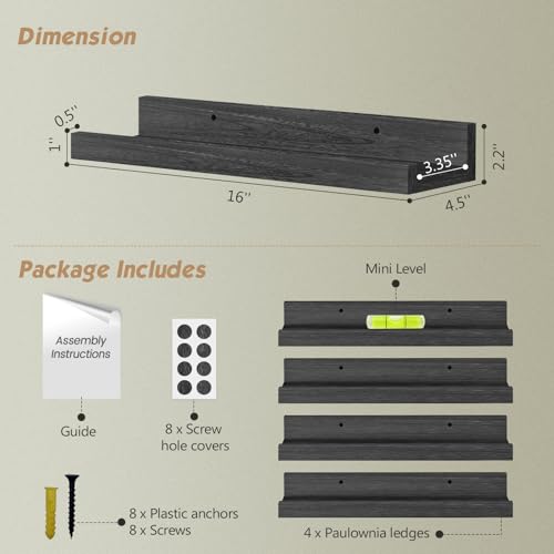 Forbena Black Picture Ledge Shelf, Floating Shelves with Lip for Wall, Small Wall Shelves for Bathroom Bedroom Kitchen Office Living Room Books, Art Pictures, Photo Frame, Plants (4-Pack, Real Wood) - Thumbnail 2