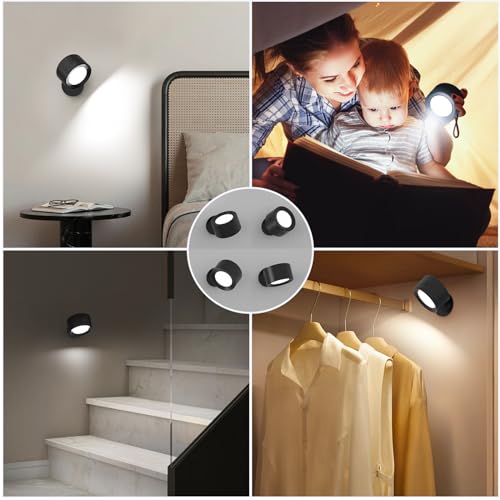 Image of Racokky LED Wall Lights 2 Pcs with Remote, Wall Sconces Lighting 3000mAh Rechargeable Battery Operated, 3 Color Temperatures & Dimmable Magnetic 360 Rotation Cordless Lamp for Bedroom Hallway(Black)