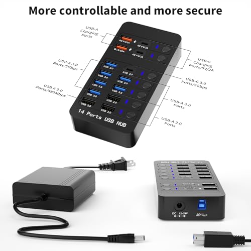 Zeroffi Powered USB Hub, 14 Ports USB Splitter Hub (10 Faster Data Transfer Ports+ 4 Smart USB Charging Port) USB Hub with LED Individual On/Off Switches for PC, Laptop, Desktop