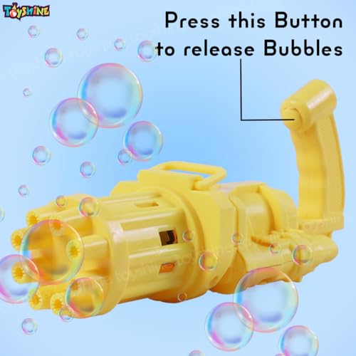 Image of Toyshine 8 Hole Electric Bubbles Gun Gatling Bubble Machine Toy with Scoup Bottle for Children Party Favors Outdoor & Indoor Activity for Boys Girls 3 Years and Above (Yellow)