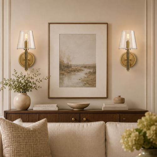 Image of 12 inch Knurled Brass Wall Sconce with Clear Seeded Glass Shade,Vintage Wall Light Fixture, Gold Bathroom Vanity Light, Hardwired Dimmable Wall Lamp for Bedroom Living Room Hallway Entryway