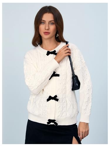 Image of MakeMeChic Women's Bow Knot Sweater Cardigan Cable Knit Long Sleeve Crew Neck Knitted Cardigan Outerwear