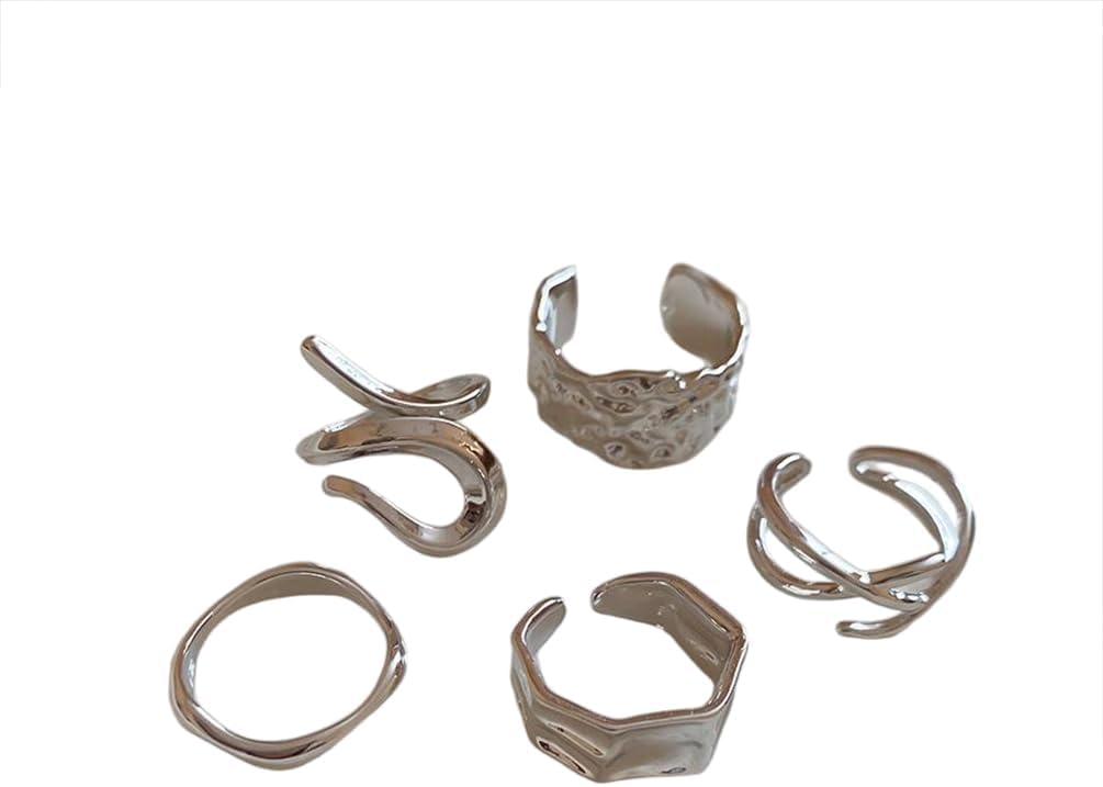 5Pcs Stacking Chunky Gold Pleated Knuckle Rings, Vintage Punk Silver Irregular Geometry Finger Open Ring Set for Women Trendy Party Daily Jewelry Gift - Image 6
