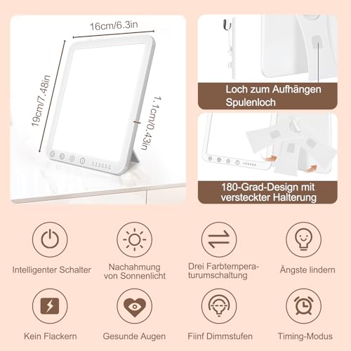 Mucek Tageslichtlampe, 15000 Lux Lichttherapielampe, UV-freie LED Tageslichtlampen, Simulation von Tageslicht, 3 Farbtemperaturen 5 Helligkeitsstufen Touch-Control Sonnenlicht Lampe, Vollspektrumlampe