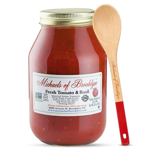 Michael's of Brooklyn Fresh Tomato & Basil Sauce, 32 oz Jar with Spoon - Gourmet Italian Pasta Sauce with Imported Italian Tomatoes, Olive Oil, Garlic and Parsley - Gluten Free and Non-GMO