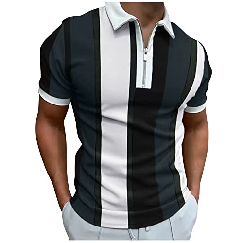 Polo con cremallera para hombre, manga corta, transpirable, camiseta de verano para hombre, corte regular, estampada, camiseta de ocio, camiseta de gran tamaño, camisa elástica para hombre, Negro n.º
