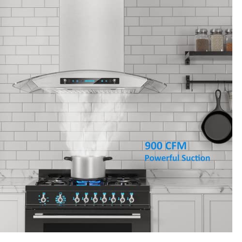Iktch 36-Inch Wall Mount Range Hood Tempered Glass 900 Cfm, Kitchen Chimney Vent Stainless Steel With Gesture Sensing & Touch Control Switch Panel, 2 Pcs Adjustable Lights(Ikp03-36) #TOP1