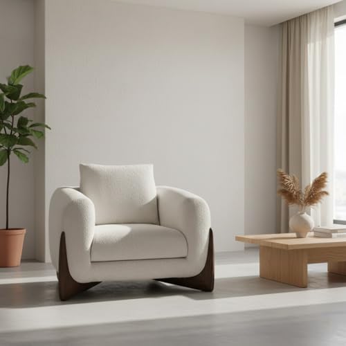 Image of Lakdi The Furniture Modern Cozy Sherpa Lounge Chair with Boucle Upholstery, Curved Wood Base & Oversized Club Seating for Living Room & Bedroom | 5 Years Warranty | Free Assembly - 15185252
